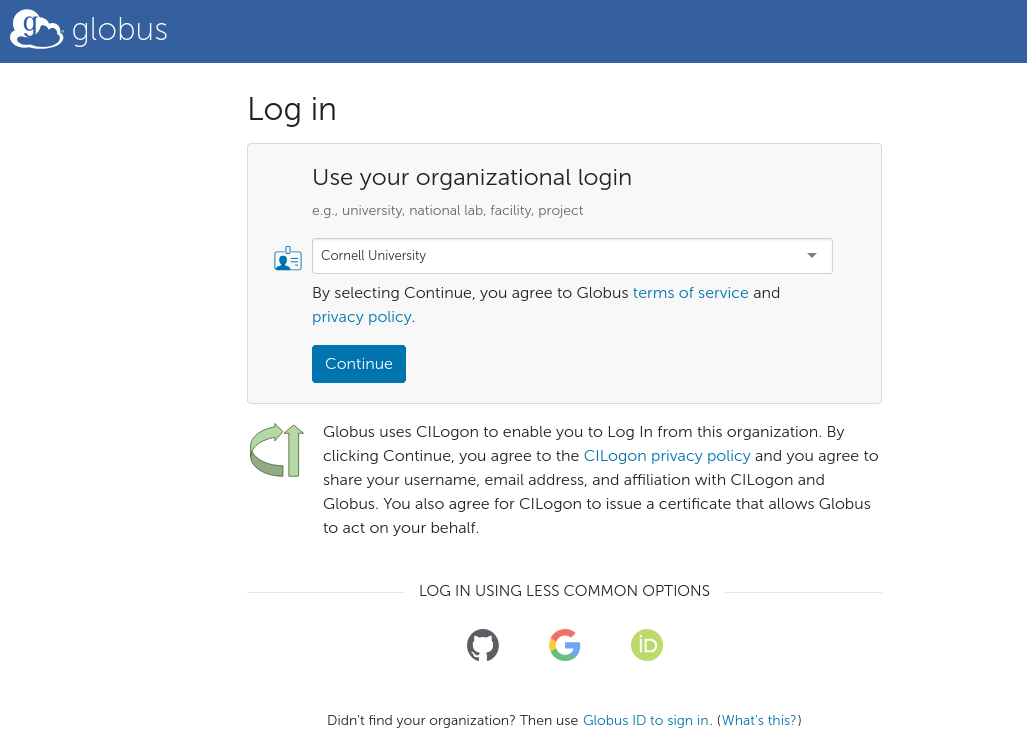 Globus login page